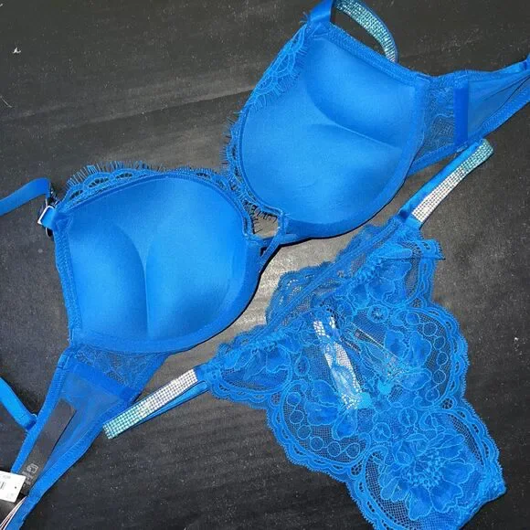 Victoria's Secret 32A,32B,32C BOMBSHELL BRA SET+GARTER NEON BLUE SHINE STRAP